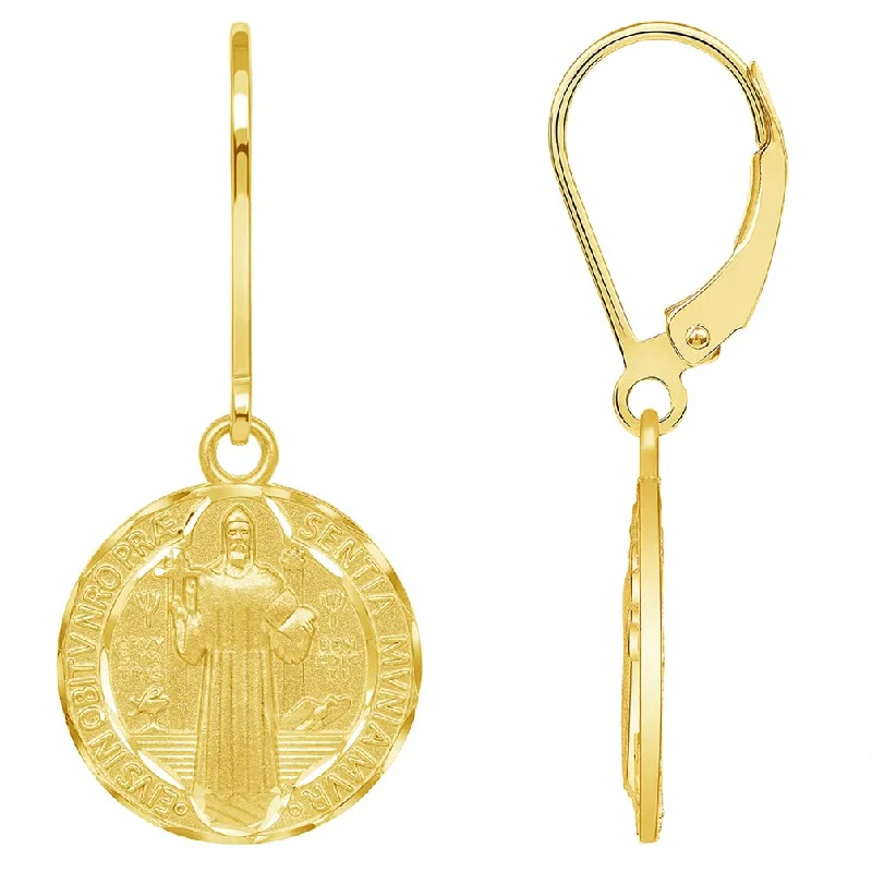 14k Yellow Gold Round Shaped St. Benedict Medallion Dangle Drop Earrings with Lever back (Reversible) 14k Yellow Gold Round Shaped St. Benedict Medallion Dangle Drop Earrings with Lever back (Reversible)
