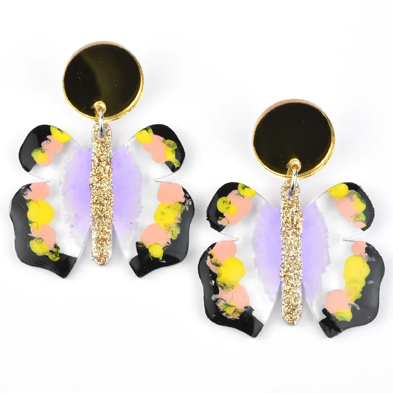 Gold Glitter and Lavender Butterfly Earrings