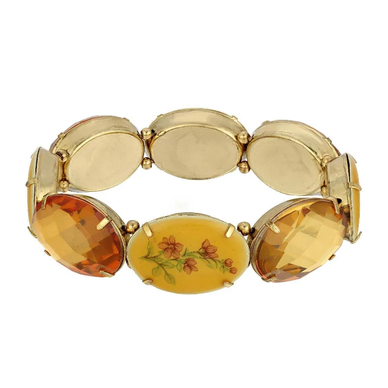 1928 Jewelry Vintage Floral And Topaz Oval Stone Stretch Bracelet