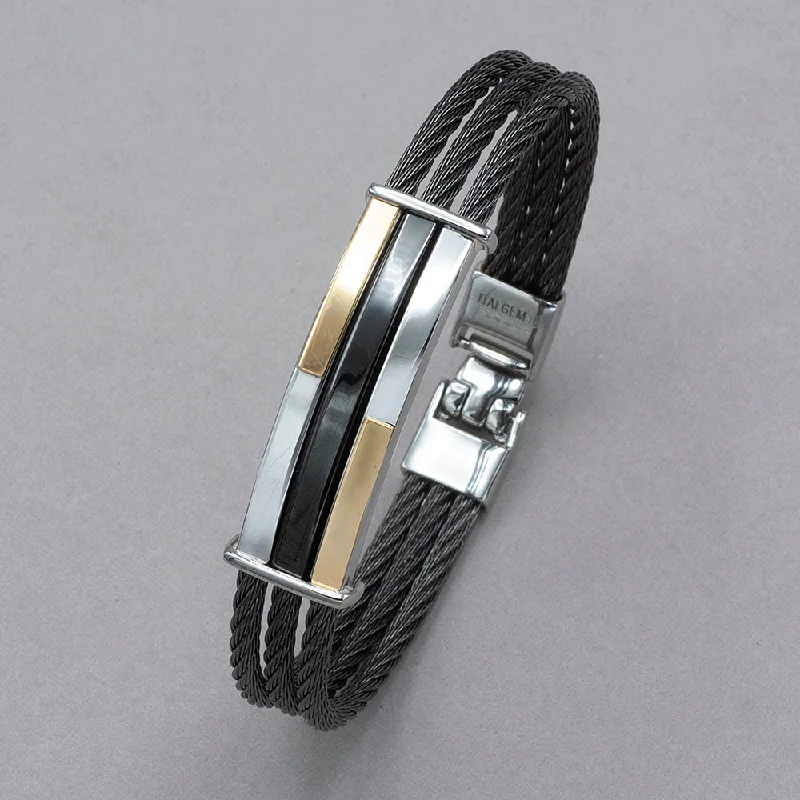 Italgem 18K Yellow Gold Black Steel Cable Bracelet